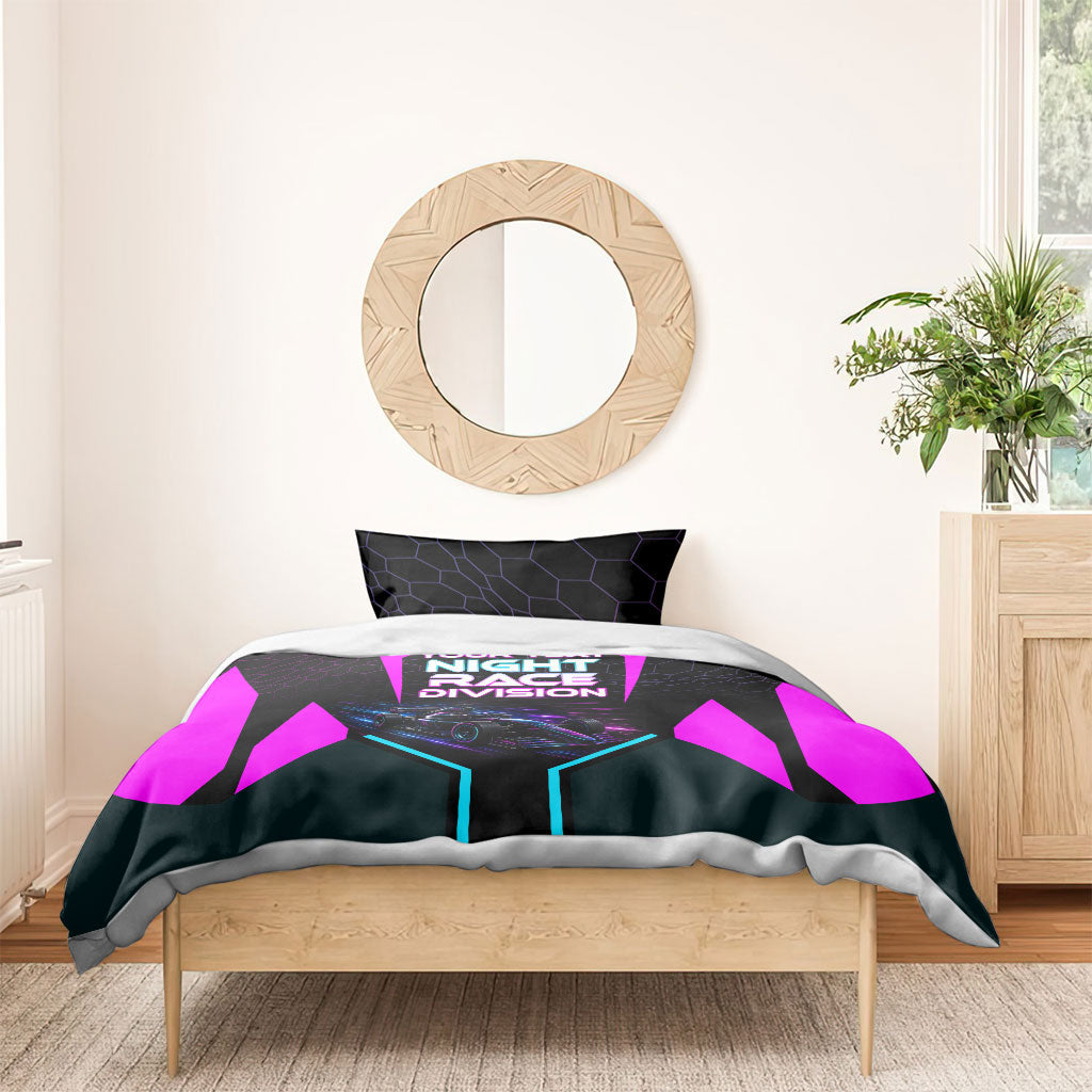 Personalized Night Race Division Bedding Set Cyberpunk Racing Synthwave Motorsport Neon Graphic