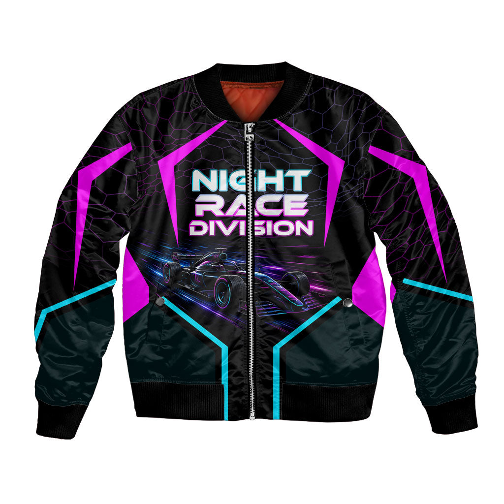 Personalized Night Race Division Bomber Jacket Cyberpunk Racing Synthwave Motorsport Neon Graphic