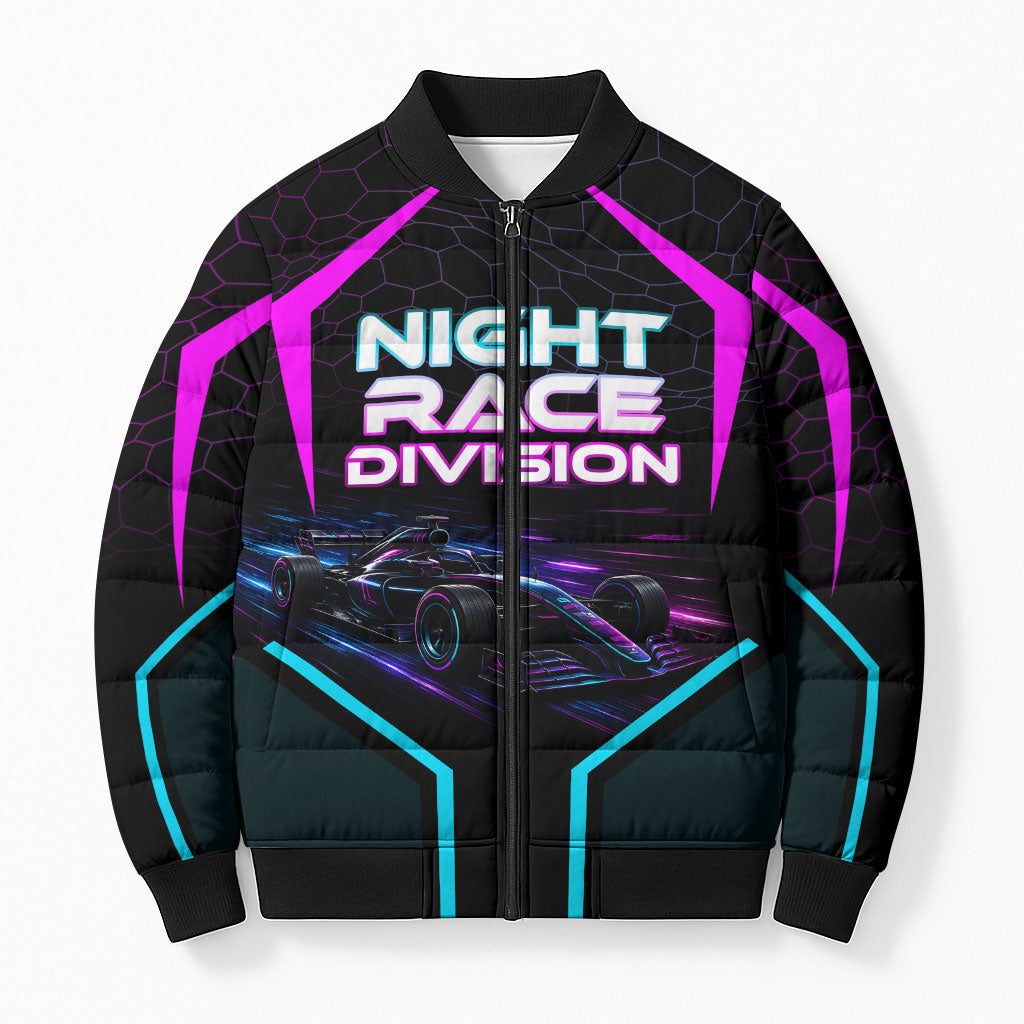 Personalized Night Race Division Bomber Puffer Jacket Cyberpunk Racing Synthwave Motorsport Neon Graphic
