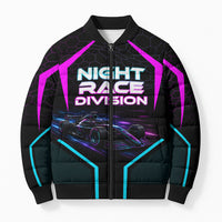 Personalized Night Race Division Bomber Puffer Jacket Cyberpunk Racing Synthwave Motorsport Neon Graphic