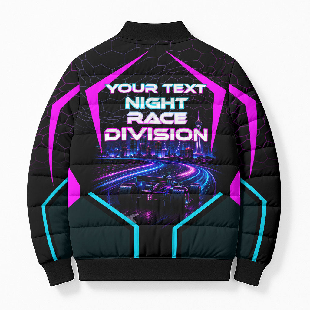 Personalized Night Race Division Bomber Puffer Jacket Cyberpunk Racing Synthwave Motorsport Neon Graphic