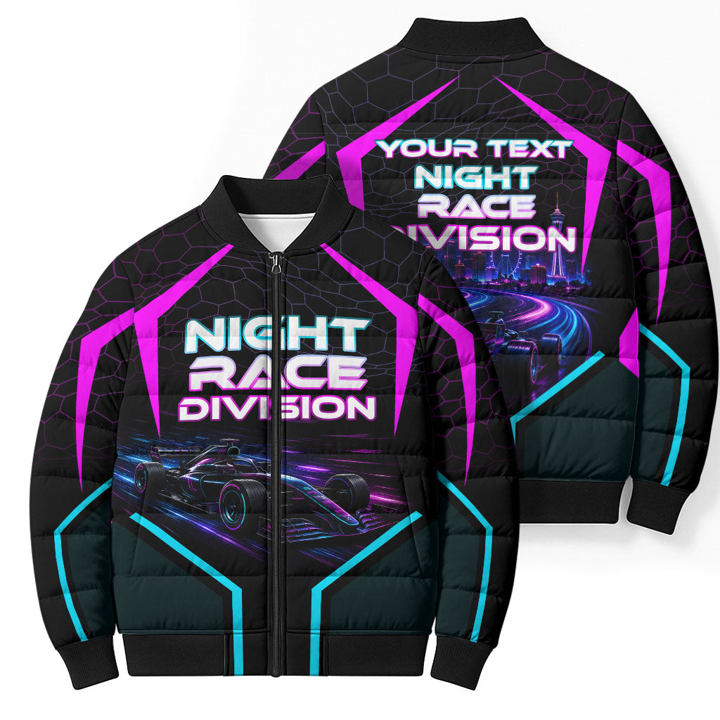 Personalized Night Race Division Bomber Puffer Jacket Cyberpunk Racing Synthwave Motorsport Neon Graphic
