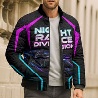 Personalized Night Race Division Bomber Puffer Jacket Cyberpunk Racing Synthwave Motorsport Neon Graphic