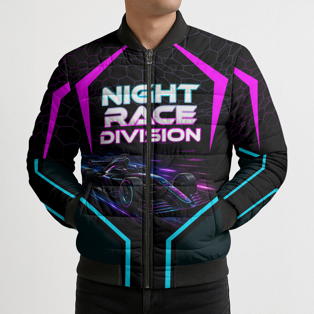 Personalized Night Race Division Bomber Puffer Jacket Cyberpunk Racing Synthwave Motorsport Neon Graphic