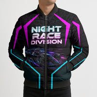 Personalized Night Race Division Bomber Puffer Jacket Cyberpunk Racing Synthwave Motorsport Neon Graphic