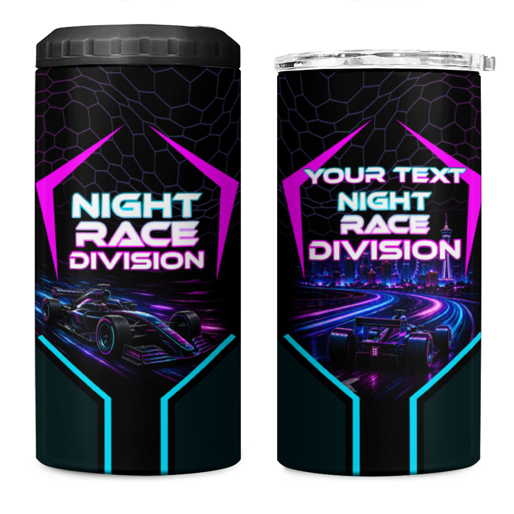 Personalized Night Race Division 4 in 1 Can Cooler Tumbler Cyberpunk Racing Synthwave Motorsport Neon Graphic