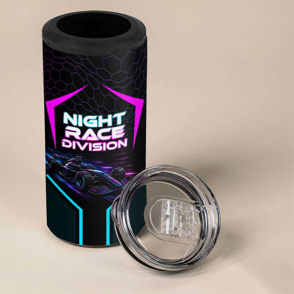 Personalized Night Race Division 4 in 1 Can Cooler Tumbler Cyberpunk Racing Synthwave Motorsport Neon Graphic