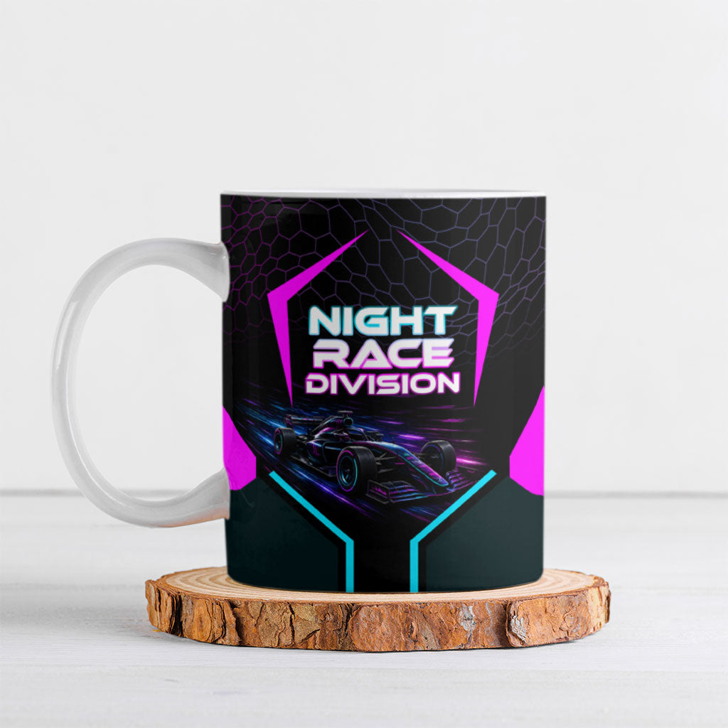 Personalized Night Race Division Ceramic Mug Cyberpunk Racing Synthwave Motorsport Neon Graphic