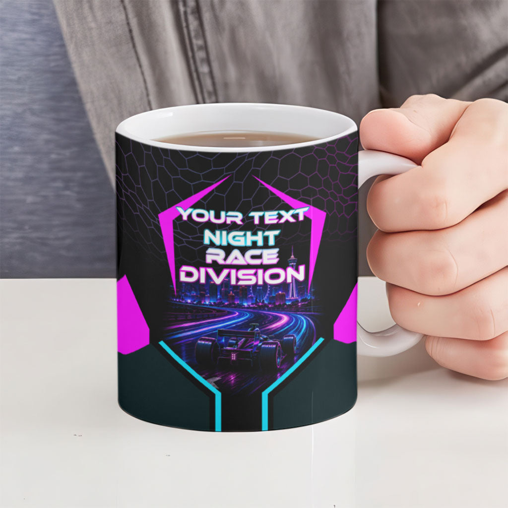 Personalized Night Race Division Ceramic Mug Cyberpunk Racing Synthwave Motorsport Neon Graphic