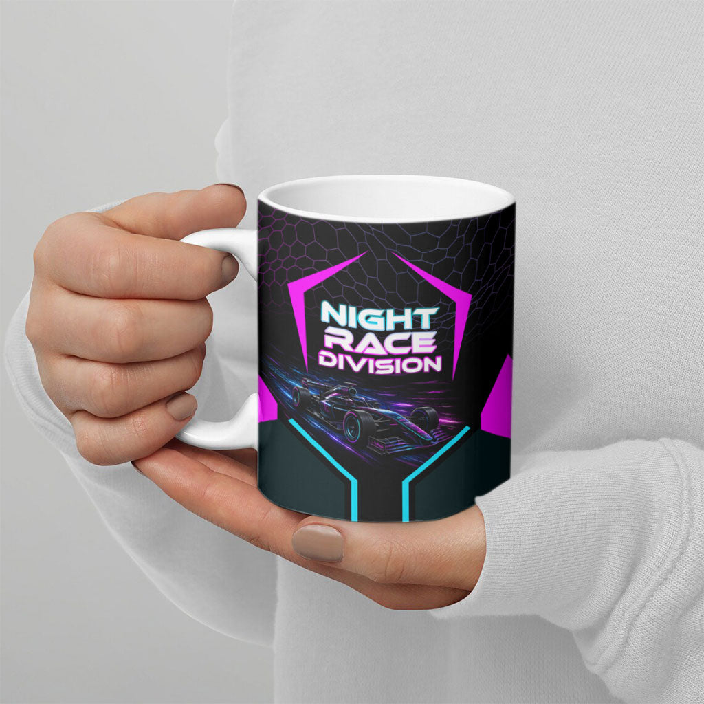 Personalized Night Race Division Ceramic Mug Cyberpunk Racing Synthwave Motorsport Neon Graphic