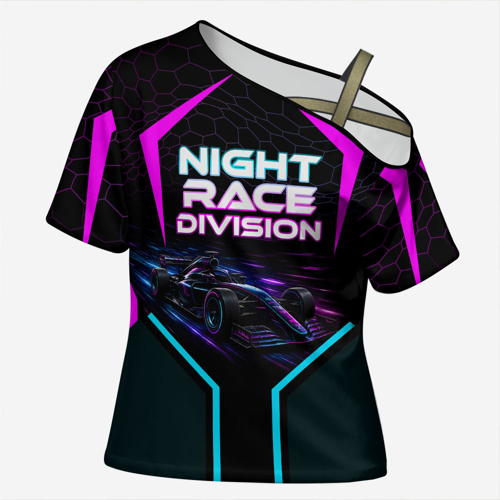 Personalized Night Race Division Cross Shoulder Shirt Cyberpunk Racing Synthwave Motorsport Neon Graphic