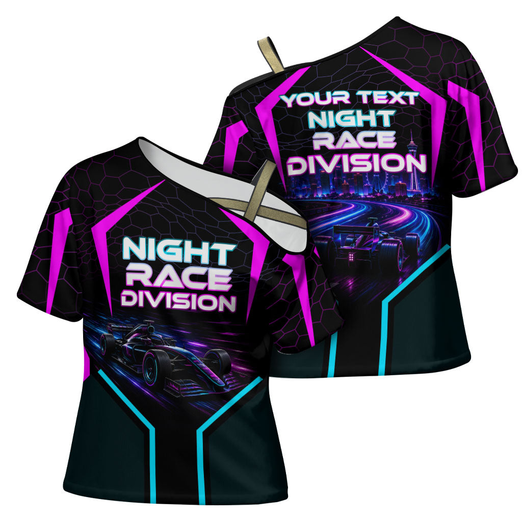 Personalized Night Race Division Cross Shoulder Shirt Cyberpunk Racing Synthwave Motorsport Neon Graphic
