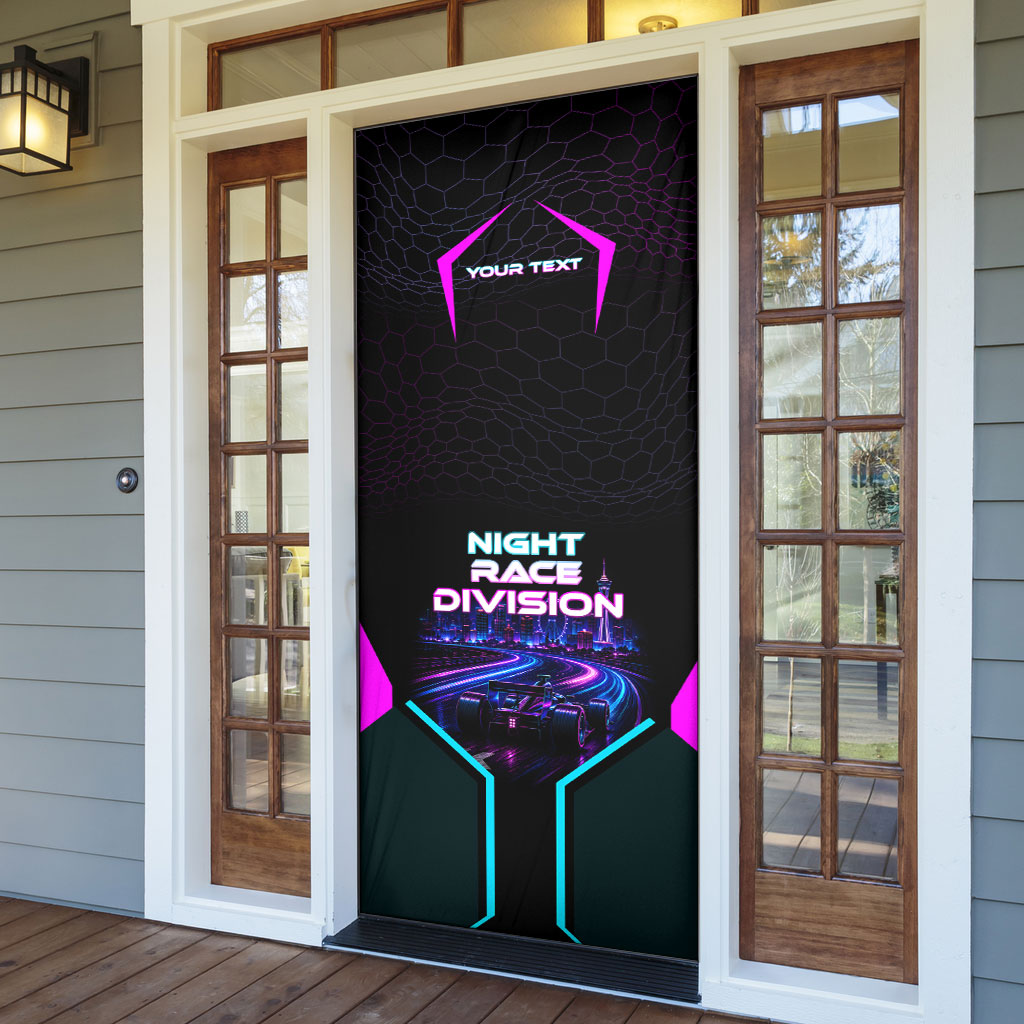 Personalized Night Race Division Door Cover Cyberpunk Racing Synthwave Motorsport Neon Graphic