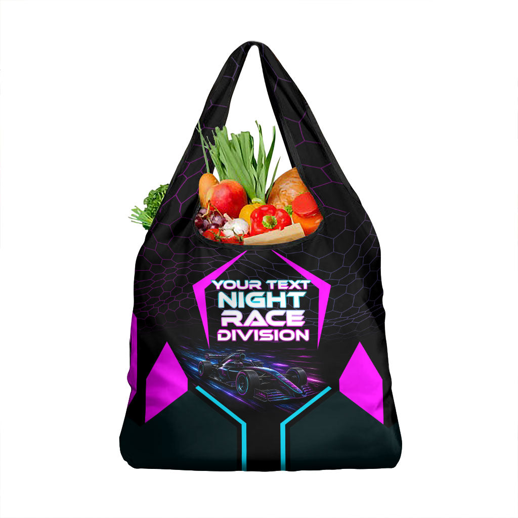 Personalized Night Race Division Grocery Bag Cyberpunk Racing Synthwave Motorsport Neon Graphic