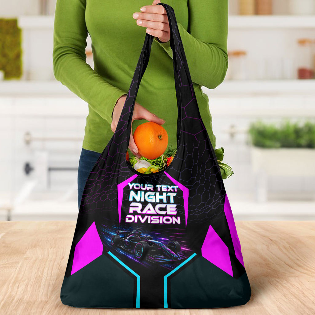 Personalized Night Race Division Grocery Bag Cyberpunk Racing Synthwave Motorsport Neon Graphic