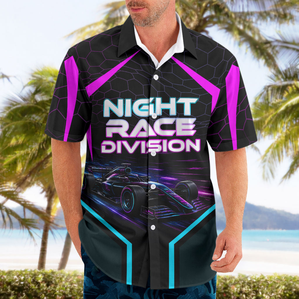 Personalized Night Race Division Hawaiian Shirt Cyberpunk Racing Synthwave Motorsport Neon Graphic