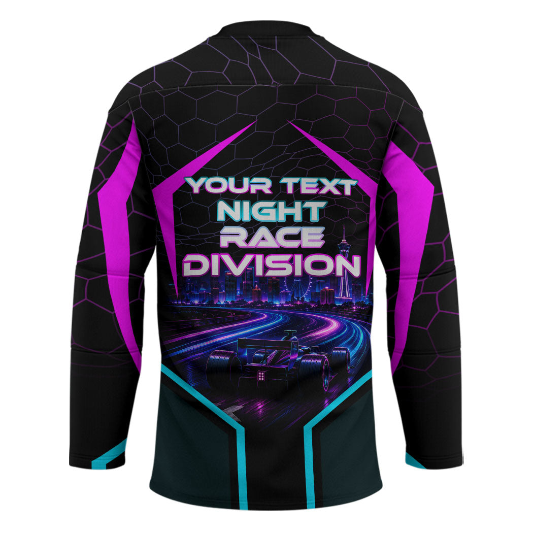 Personalized Night Race Division Hockey Jersey Cyberpunk Racing Synthwave Motorsport Neon Graphic