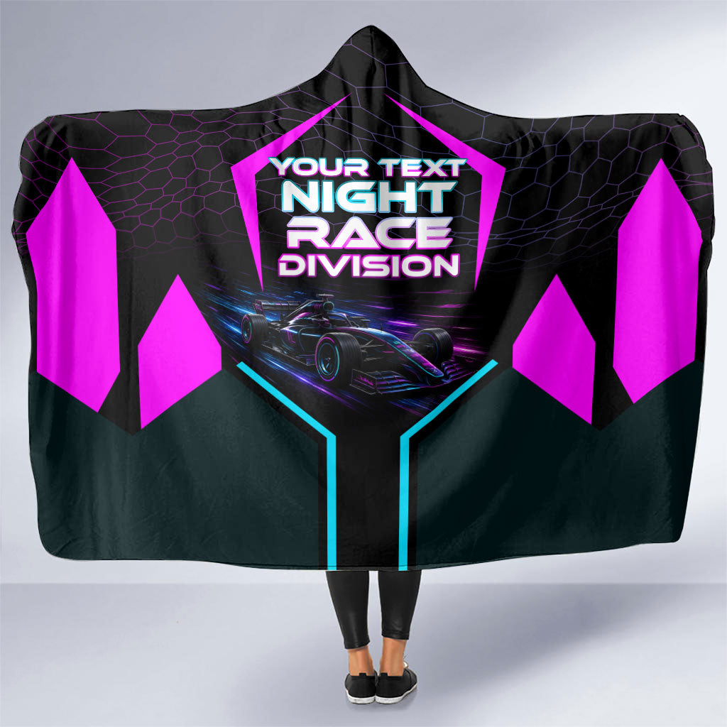 Personalized Night Race Division Hooded Blanket Cyberpunk Racing Synthwave Motorsport Neon Graphic