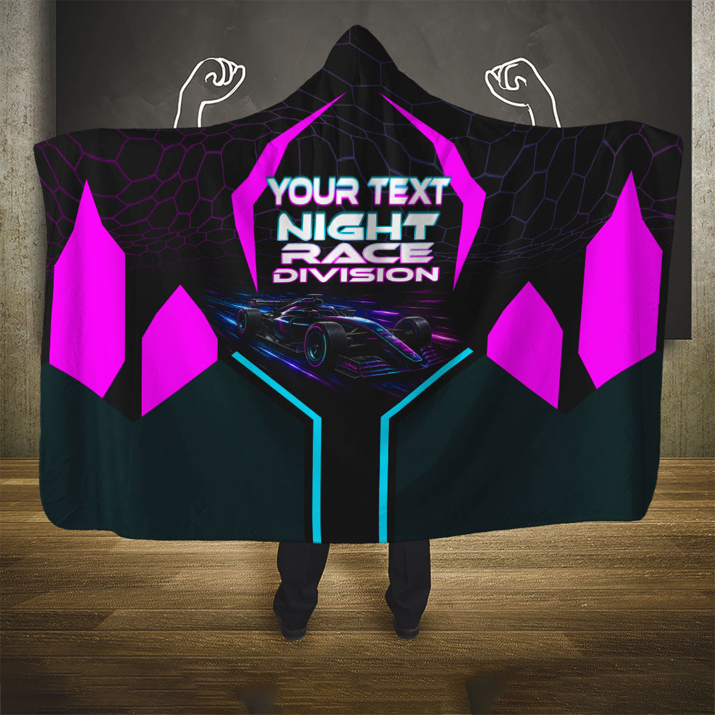 Personalized Night Race Division Hooded Blanket Cyberpunk Racing Synthwave Motorsport Neon Graphic