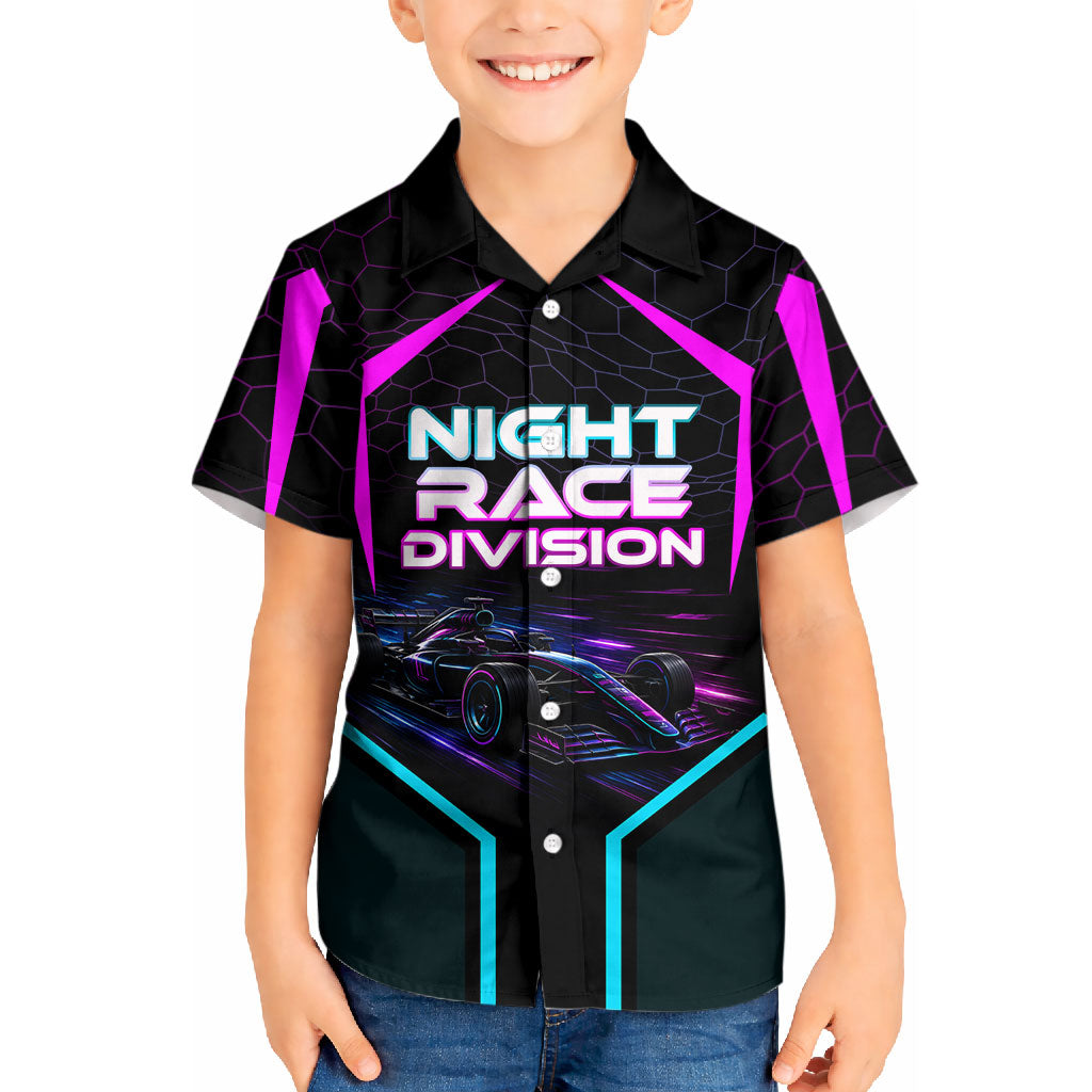 Personalized Night Race Division Kid Hawaiian Shirt Cyberpunk Racing Synthwave Motorsport Neon Graphic