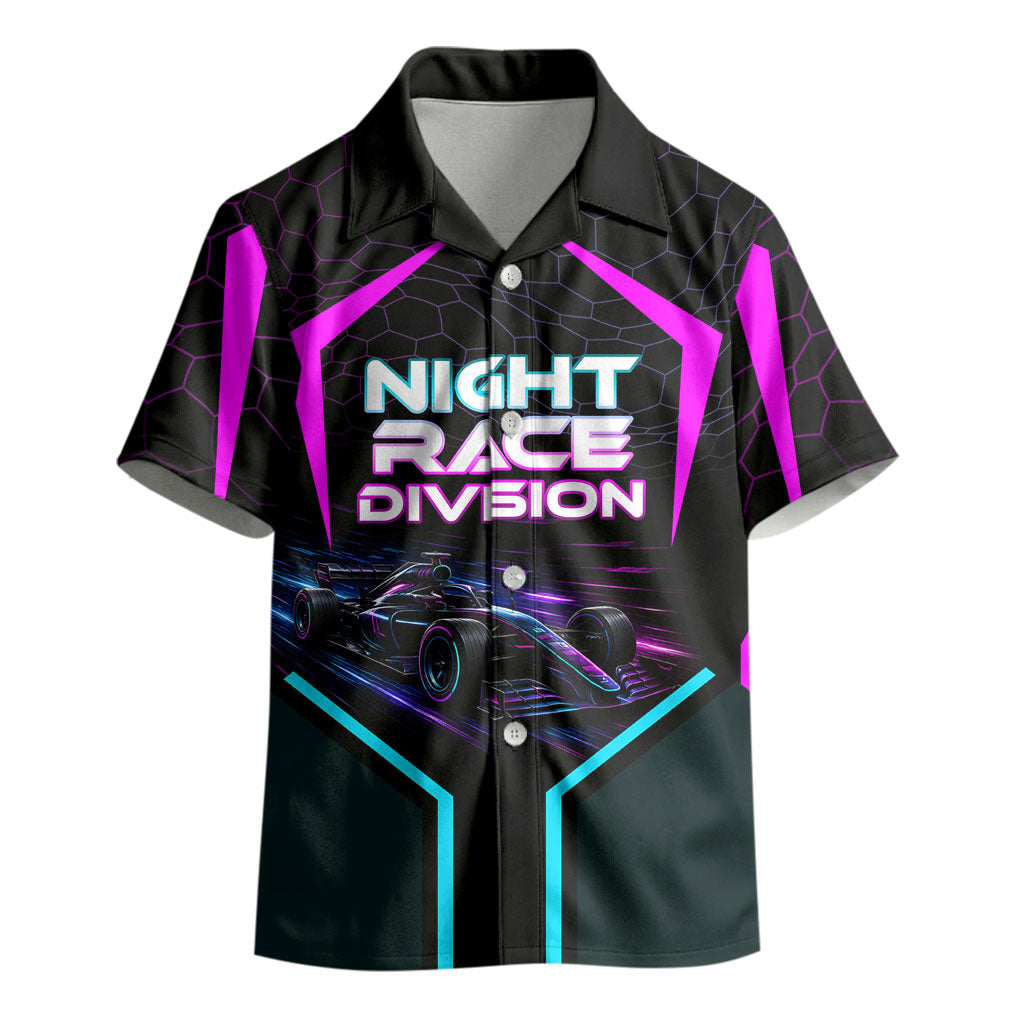 Personalized Night Race Division Kid Hawaiian Shirt Cyberpunk Racing Synthwave Motorsport Neon Graphic