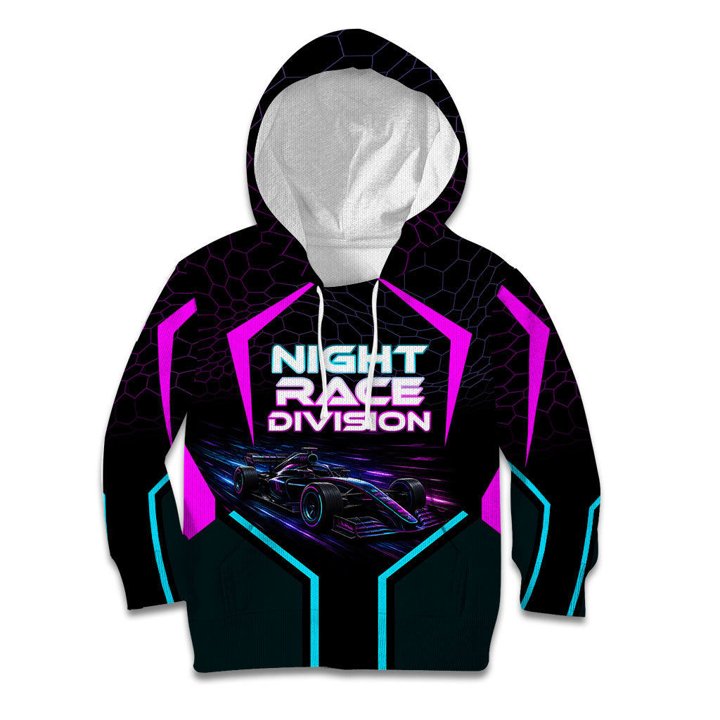 Personalized Night Race Division Kid Hoodie Cyberpunk Racing Synthwave Motorsport Neon Graphic