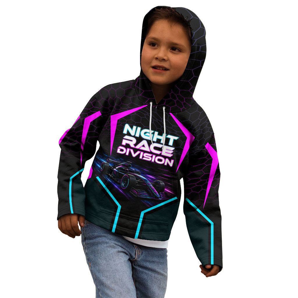 Personalized Night Race Division Kid Hoodie Cyberpunk Racing Synthwave Motorsport Neon Graphic