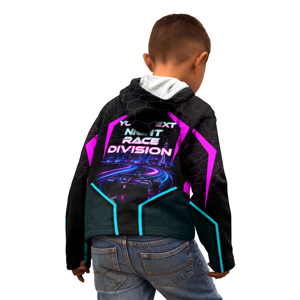 Personalized Night Race Division Kid Hoodie Cyberpunk Racing Synthwave Motorsport Neon Graphic