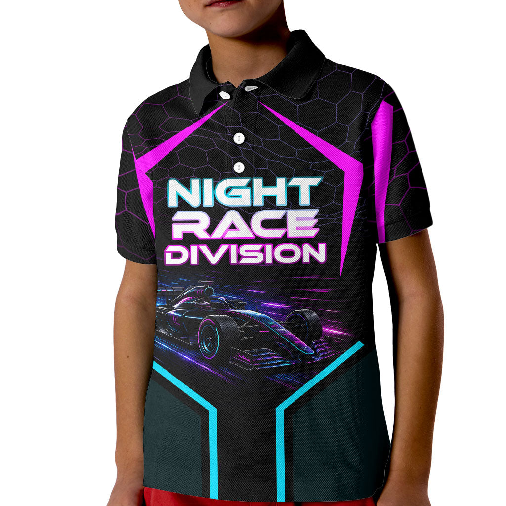 Personalized Night Race Division Kid Polo Shirt Cyberpunk Racing Synthwave Motorsport Neon Graphic