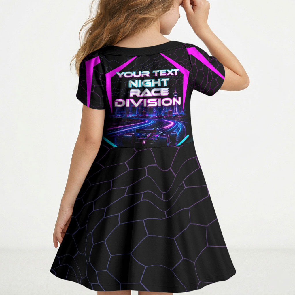 Personalized Night Race Division Kid Short Sleeve Dress Cyberpunk Racing Synthwave Motorsport Neon Graphic