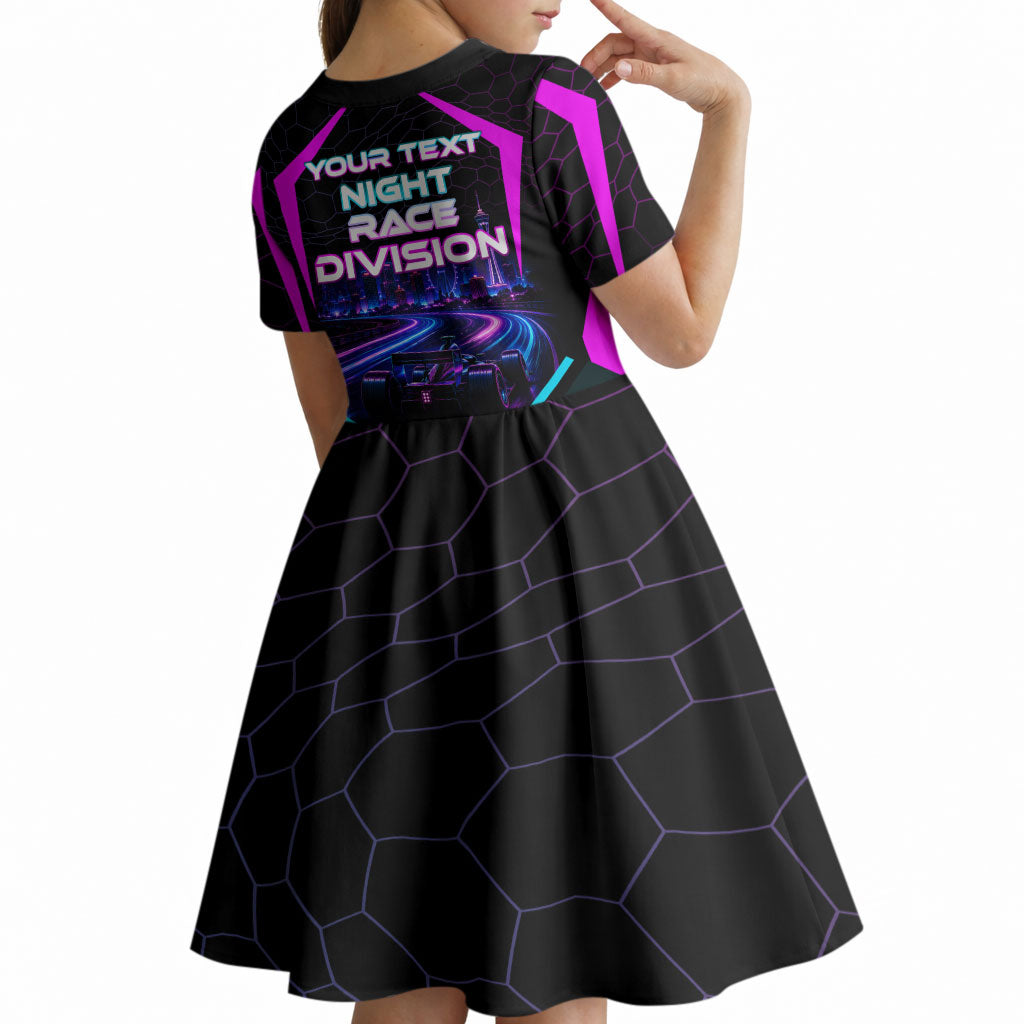 Personalized Night Race Division Kid Short Sleeve Dress Cyberpunk Racing Synthwave Motorsport Neon Graphic