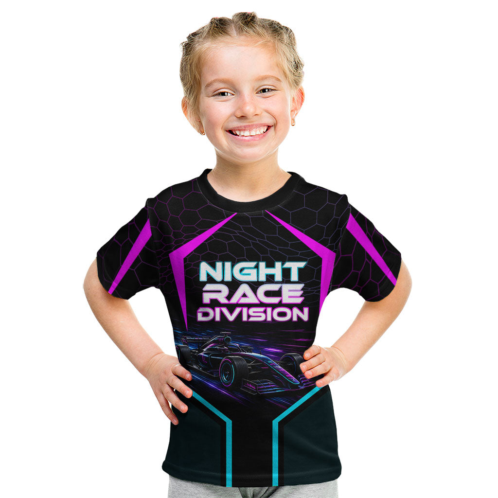 Personalized Night Race Division Kid T Shirt Cyberpunk Racing Synthwave Motorsport Neon Graphic
