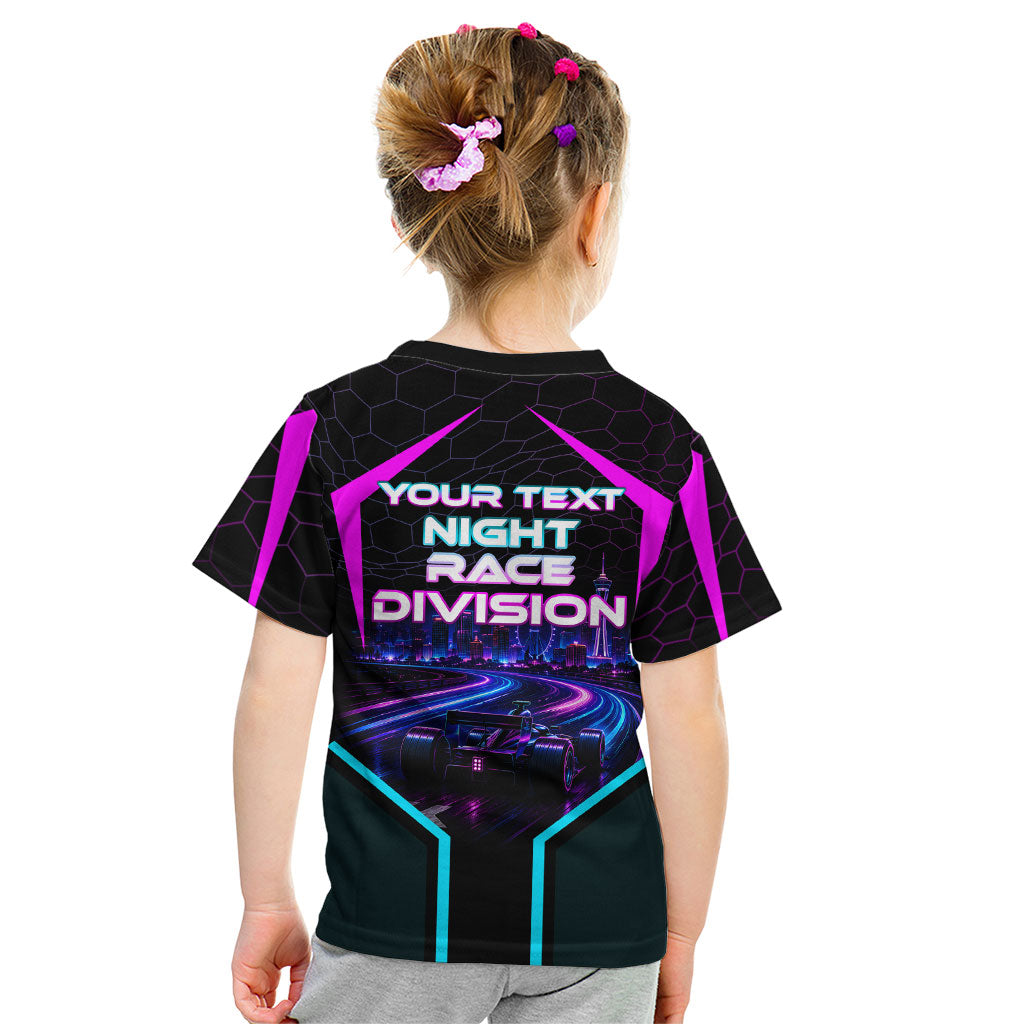 Personalized Night Race Division Kid T Shirt Cyberpunk Racing Synthwave Motorsport Neon Graphic