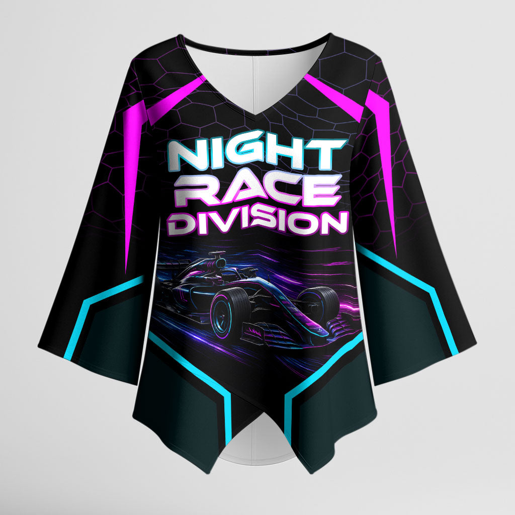 Personalized Night Race Division Kimono Sleeve Blouse Cyberpunk Racing Synthwave Motorsport Neon Graphic