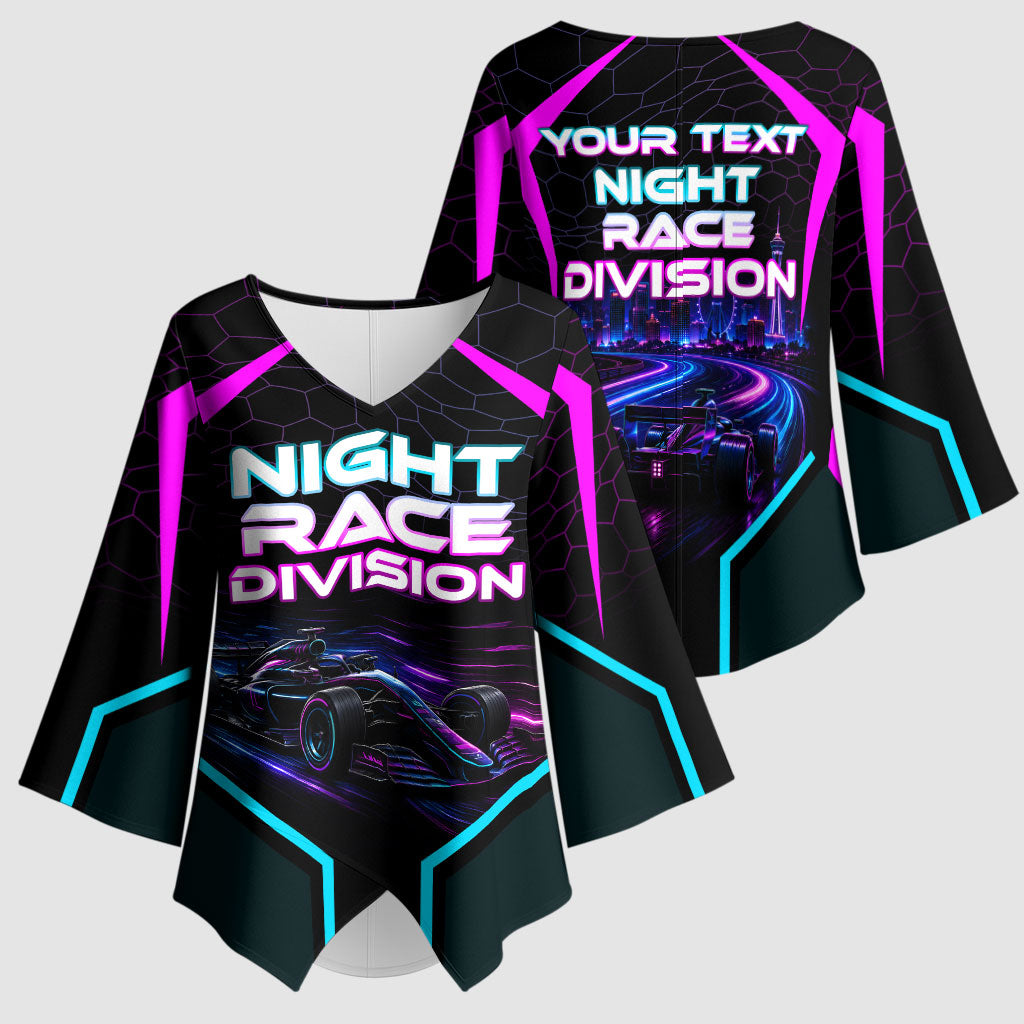 Personalized Night Race Division Kimono Sleeve Blouse Cyberpunk Racing Synthwave Motorsport Neon Graphic