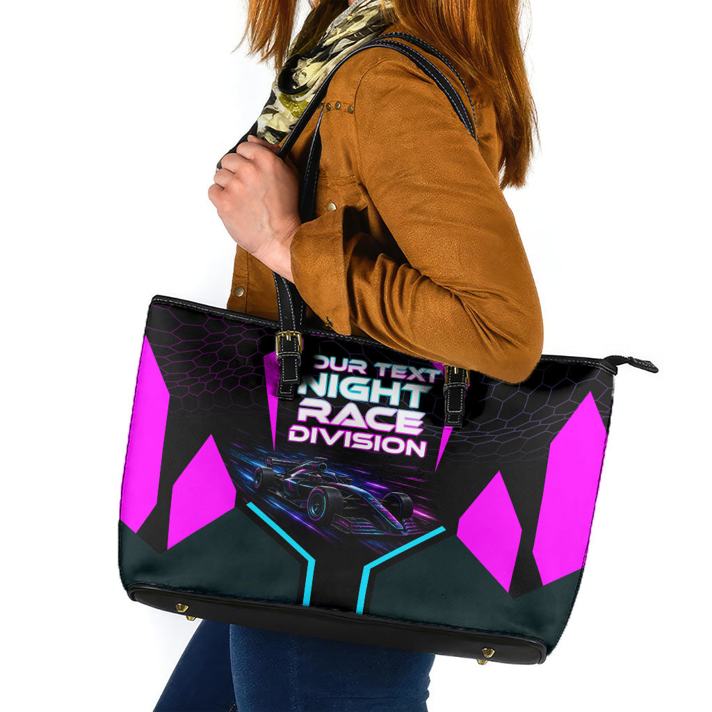 Personalized Night Race Division Leather Tote Bag Cyberpunk Racing Synthwave Motorsport Neon Graphic