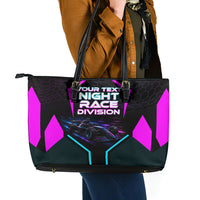 Personalized Night Race Division Leather Tote Bag Cyberpunk Racing Synthwave Motorsport Neon Graphic