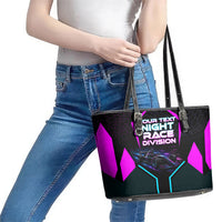 Personalized Night Race Division Leather Tote Bag Cyberpunk Racing Synthwave Motorsport Neon Graphic