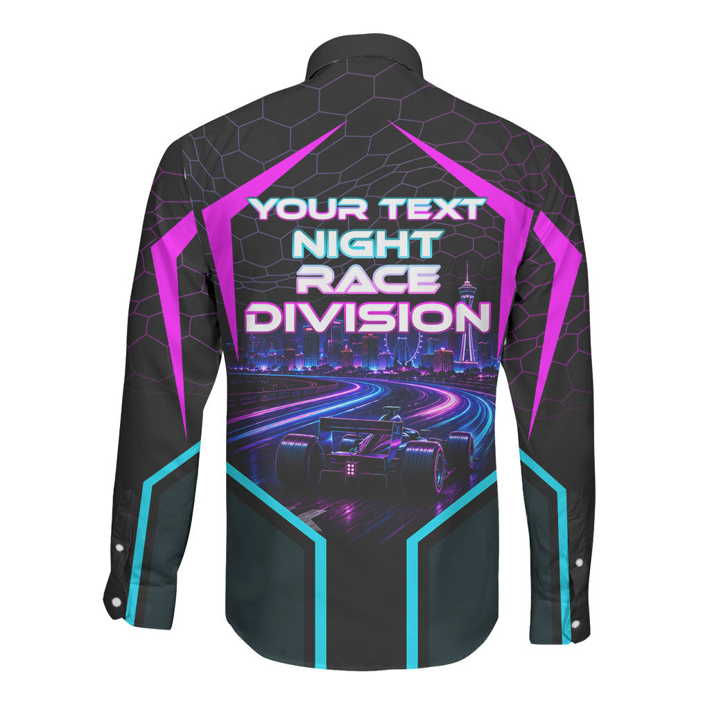 Personalized Night Race Division Long Sleeve Button Shirt Cyberpunk Racing Synthwave Motorsport Neon Graphic