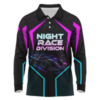 Personalized Night Race Division Long Sleeve Polo Shirt Cyberpunk Racing Synthwave Motorsport Neon Graphic