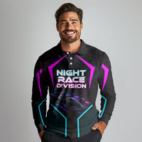 Personalized Night Race Division Long Sleeve Polo Shirt Cyberpunk Racing Synthwave Motorsport Neon Graphic
