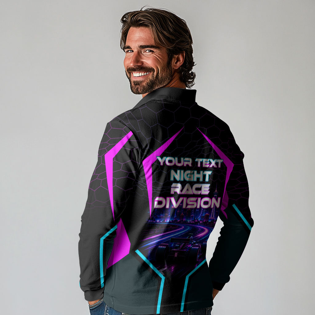 Personalized Night Race Division Long Sleeve Polo Shirt Cyberpunk Racing Synthwave Motorsport Neon Graphic