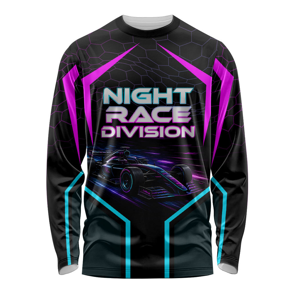 Personalized Night Race Division Long Sleeve Shirt Cyberpunk Racing Synthwave Motorsport Neon Graphic
