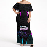 Personalized Night Race Division Off Shoulder Maxi Dress Cyberpunk Racing Synthwave Motorsport Neon Graphic