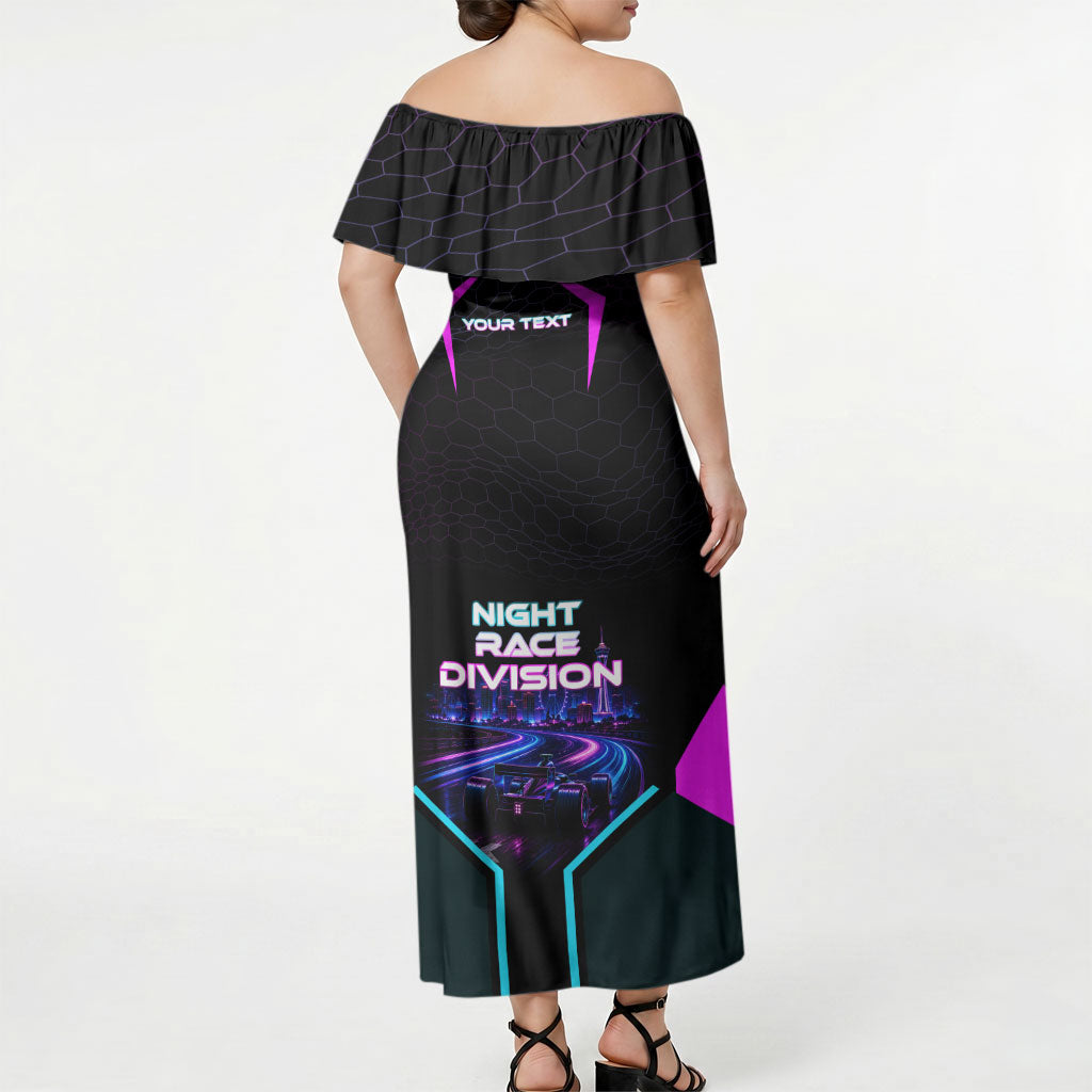 Personalized Night Race Division Off Shoulder Maxi Dress Cyberpunk Racing Synthwave Motorsport Neon Graphic