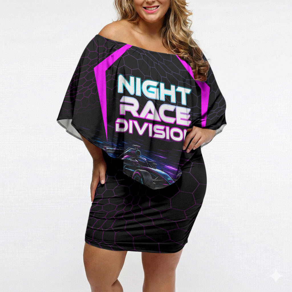 Personalized Night Race Division Off Shoulder Short Dress Cyberpunk Racing Synthwave Motorsport Neon Graphic