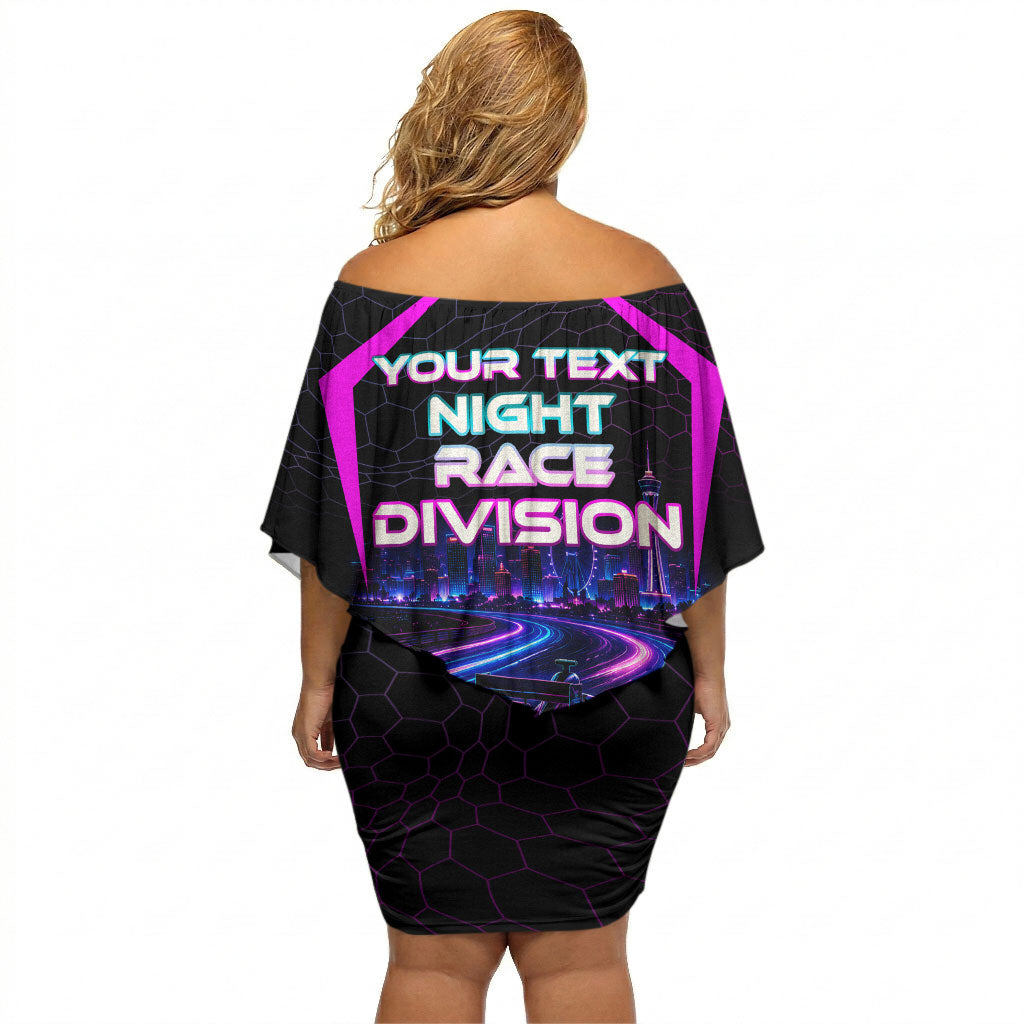 Personalized Night Race Division Off Shoulder Short Dress Cyberpunk Racing Synthwave Motorsport Neon Graphic