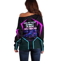 Personalized Night Race Division Off Shoulder Sweater Cyberpunk Racing Synthwave Motorsport Neon Graphic