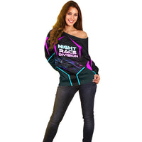 Personalized Night Race Division Off Shoulder Sweater Cyberpunk Racing Synthwave Motorsport Neon Graphic