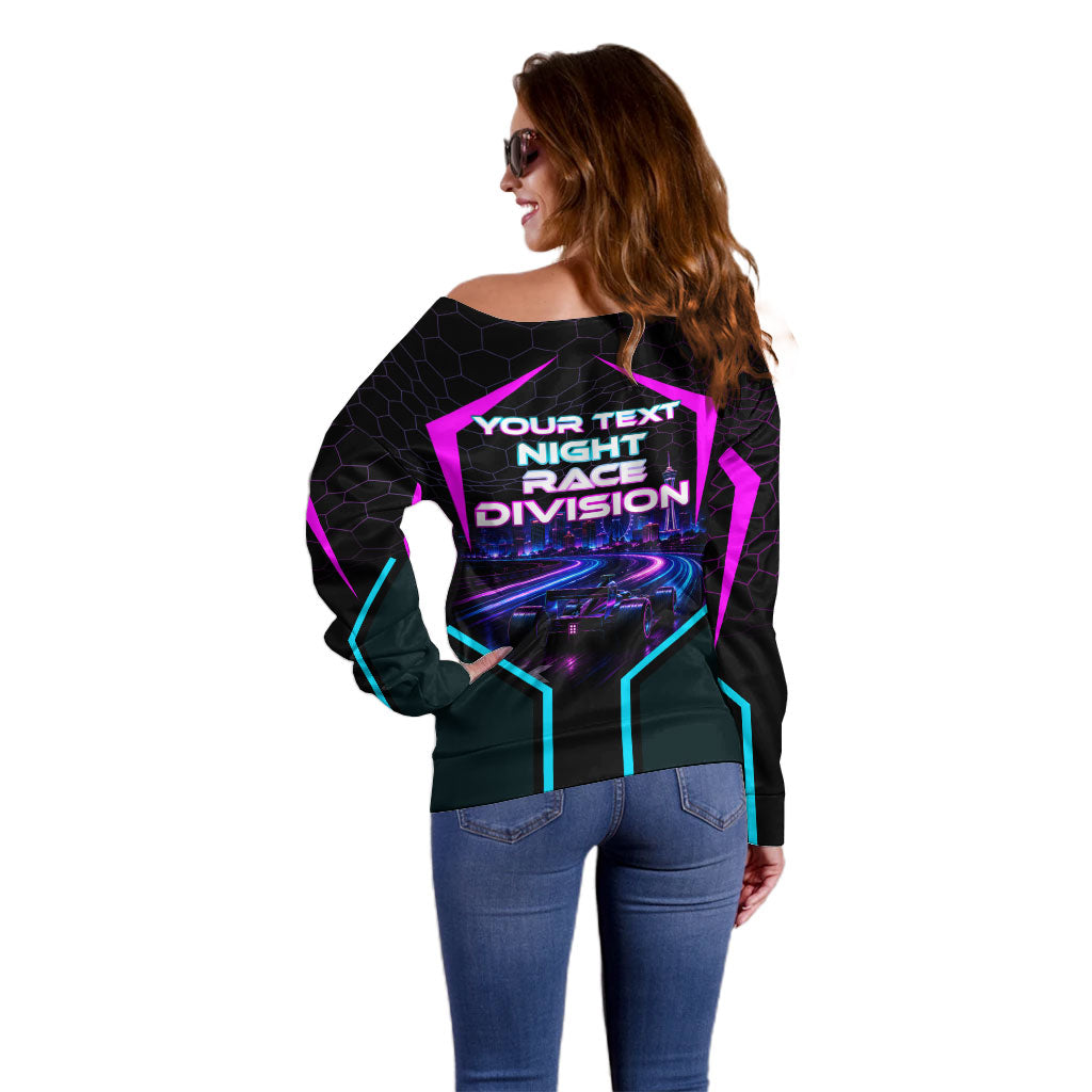 Personalized Night Race Division Off Shoulder Sweater Cyberpunk Racing Synthwave Motorsport Neon Graphic